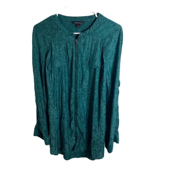 Rock & Republic Zip Up Tunic Top XXL Blouse Breast Pocket Turquoise Green - Picture 1 of 5